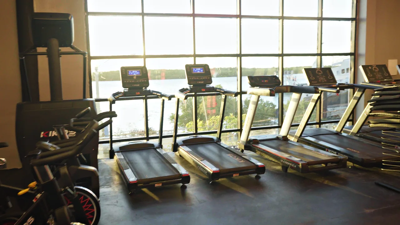 Cardio com vista pro rio: Esteiras de frente pro cais do rio Ivipanim.